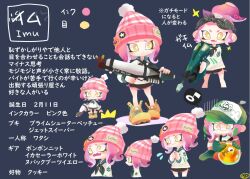  1girl beanie black_headband black_neckerchief blush commentary_request egg fang gloves green_gloves green_hat gun hat headband holding holding_gun holding_weapon multiple_views musical_note neckerchief octoling octoling_girl octoling_player_character open_mouth orange_shoes pink_hair pom_pom_(clothes) pom_pom_beanie ponytail salmon_run_(splatoon) shoes short_hair splatoon_(series) spoken_musical_note tentacle_hair translation_request weapon weapon_request yoshishi_(yosisitoho) 