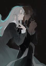  1boy 1girl aphrodite_fu black_background black_dress black_robe blonde_hair blue_eyes cassock clerical_collar cowboy_shot cross cross_earrings curtained_hair degrees_of_lewdity dress earrings from_side grey_hair hands_up highres holding holding_cross jewelry long_hair long_sleeves looking_ahead looking_back nun own_hands_together parted_bangs player_character_(degrees_of_lewdity) player_character_(female)_(degrees_of_lewdity) priest profile robe serious sidelocks sideways_glance simple_background smile stole sydney_(degrees_of_lewdity) sydney_(male)_(degrees_of_lewdity) yellow_eyes 