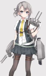  1girl bad_id bad_twitter_id black_pantyhose black_skirt black_vest closed_mouth collared_shirt commentary gloves grey_background grey_eyes grey_hair hair_between_eyes holding kantai_collection laplusvv_(la+) looking_at_viewer necktie nowaki_(kancolle) pantyhose pleated_skirt rigging shirt short_sleeves simple_background skirt solo thigh_strap vest white_gloves white_shirt yellow_necktie 