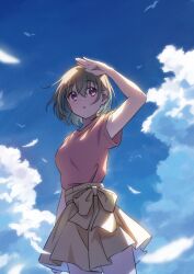  1girl absurdres bird blue_sky brown_skirt clouds commentary cowboy_shot day falling_feathers feathers grey_hair highres kamiina_botan_yoeru_sugata_wa_yuri_no_hana outdoors pink_shirt shading_eyes shirt short_hair skirt sky solo tonami_ibuki tsunenorip violet_eyes 