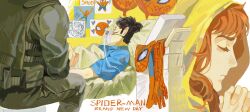  1girl 2boys axlhj0422 bed bodysuit brown_hair closed_eyes commentary highres hood hospital jean_grey long_hair marvel mask multiple_boys peter_parker praying spider-man spider-man:_brand_new_day spider-man_(series) spoilers superhero_costume the_punisher_(character) the_punisher_(series) 