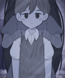  1boy 1girl bathroom black_eyes black_hair black_sweater_vest brother_and_sister closed_mouth collared_shirt commentary double-parted_bangs dress empty_eyes english_commentary expressionless hair_between_eyes hands_on_another's_shoulders highres looking_at_mirror looking_at_viewer mari_(omori) mari_(spirit)_(omori) mirror nrdeluxe omori shirt short_hair short_sleeves siblings sunny_(omori) sweater_vest white_dress white_shirt 
