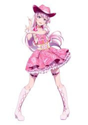  1girl :d absurdres anime_coloring beamed_eighth_notes boots character_name choker clothes_writing collarbone contrapposto corset cowboy_hat cropped_jacket dot_nose dress earrings fingerless_gloves frilled_thigh_strap full_body garter_straps gem_print gloves hair_bun half_gloves hands_up hat head_tilt heart heart_print high_heel_boots high_heels highres hotaru_(shine_post) idol idol_clothes index_finger_raised jacket jewelry knee_boots layered_skirt legs_apart lightning_bolt_print lightning_bolt_symbol long_hair looking_at_viewer mole mole_under_eye musical_note musical_note_print official_art ok_sign open_clothes open_jacket open_mouth pink_choker pink_corset pink_dress pink_hat pink_jacket pink_skirt planet_print print_dress print_hat second-party_source shine_post short-sleeved_jacket short_sleeves sidelocks simple_background single_glove single_half_glove single_side_bun skirt smile solo star_(symbol) star_choker star_earrings star_print thigh_strap transparent_background triangle triangle_print violet_eyes white_boots white_garter_straps white_gloves white_skirt 