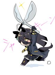 1girl abeyaki absurdres ahoge animal_ears black_pantyhose black_skirt black_vest blunt_ends chibi chibi_only collared_shirt commentary_request hair_between_eyes hem_peeking_out highres horse_ears horse_girl horse_tail long_hair long_hair_between_eyes manhattan_cafe_(umamusume) multicolored_hair necktie pantyhose pleated_skirt shears shirt simple_background skirt solo tail umamusume very_long_hair vest white_background white_hair white_shirt yellow_necktie 