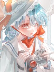  1girl absurdres blue_hair bow camcorder camera character_request chinstrap copyright_request eyelashes frilled_bow frilled_hat frills grey_eyes hair_between_eyes hat highres holding holding_camera long_hair long_sleeves parted_lips red_bow sailor_collar shirt solo sparkling_eyes upper_body video_camera white_hat white_sailor_collar white_shirt yi_ming_xiao_zu 