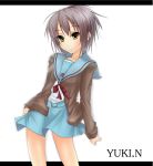  brown_eyes cardigan grey_hair nagato_yuki school_uniform shin_(nagaburo) short_hair suzumiya_haruhi_no_yuuutsu 