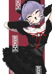  1girl :3 :d absurdres artist_name black_dress black_sleeves chinese_commentary choker closed_eyes commentary_request cowboy_shot detached_sleeves dress facing_viewer hair_flaps hair_intakes hands_up highres idolmaster idolmaster_cinderella_girls koshimizu_sachiko nail_polish neck_ribbon o-ring o-ring_choker open_mouth purple_hair red_choker red_ribbon ribbon short_hair smile sodanya solo standing yellow_nails 