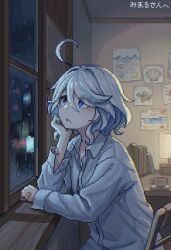  1girl :o ahoge bandaid bandaid_on_arm bandaid_on_hand blue_eyes book chair collared_shirt cup furina_(genshin_impact) genshin_impact hair_between_eyes hamsterfragment indoors lamp long_sleeves looking_outside looking_to_the_side missing_headwear night poster_(object) rain shirt sitting solo teacup thinking white_hair white_shirt windowsill 