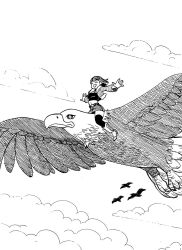  1girl 4others animal bald_eagle bird black_shirt black_thighhighs boots brother-tico closed_eyes clouds cloudy_sky commentary denim denim_skirt eagle english_commentary flying full_body fur-trimmed_jacket fur_trim grin highres inktober jacket medium_hair miniskirt monochrome multiple_others open_clothes open_jacket original outdoors outstretched_arms oversized_animal riding riding_animal riding_bird shirt skirt sky smile thigh-highs white_boots wind 