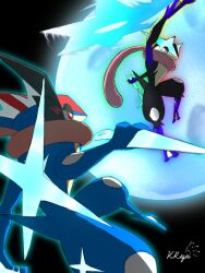  ash-greninja colored_skin commentary_request frog furry greninja highres long_tongue mega_greninja mega_pokemon ninja no_humans pink_eyes pokemon pokemon_(anime) pokemon_(creature) pokemon_focus pokemon_the_series:_xy red_eyes scarf shuriken tongue tongue_scarf uchikki_riza very_long_tongue water weapon 