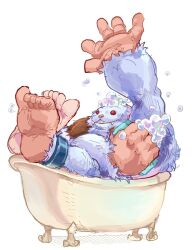  1boy barefoot bath bathing bathtub brown_hair bubble claw_foot_bathtub darkstalkers feet full_body furry highres jimperlands male_focus muscular red_eyes sasquatch_(darkstalkers) simple_background smile soap soap_bubbles solo toes white_background 