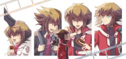  age_comparison backpack bag black_jacket black_shirt blush brown_eyes brown_hair card collared_jacket collared_shirt commentary_request dual_persona duel_academy_uniform_(yu-gi-oh!_gx) duel_monster film_reel green_eyes happy headpat heterochromia highres holding holding_card jacket orange_eyes red_jacket red_shirt shirt spiky_hair sugukieru_mn white_jacket winged_kuriboh yu-gi-oh! yu-gi-oh!_gx yuki_judai 