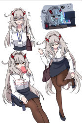  bag commentary_request computer_keyboard cup eye_hair_ornament eye_symbol flower-shaped_pupils genshin_impact handbag highres holding holding_cup id_card long_hair maron_star mug office_lady pantyhose ronova_(genshin_impact) shirt side_ahoge skirt symbol-shaped_pupils white_shirt 