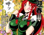  braid breasts bust hong_meiling red_hair redhead shimuni solo touhou translation_request twin_braids wink 