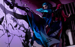  2boys ardos_(pokemon) blue_hair brothers commentary_request crack cracked_wall debris eldes_(pokemon) f_anzu2014 from_behind high_kick highres indoors kicking male_focus multiple_boys pokemon pokemon_xd red_hair shadow short_hair siblings sunglasses teeth 