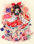  :d ascot bare_shoulders bow brown_eyes brown_hair detached_sleeves dress flower hair_bow hair_tubes hakurei_reimu long_hair miko open_mouth sandals smile solo touhou traditional_media tree_branch tugumi0w0 watercolor_(medium) yin_yang 
