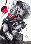  apple bow braid fingerless_gloves food fruit gloves hair_bow highres izayoi_sakuya knife maid maid_headdress open_mouth red_eyes ribbon roman_numerals shikihara_mitabi short_hair silver_hair slit_pupils solo spot_color the_embodiment_of_scarlet_devil tongue touhou twin_braids 