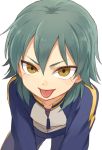  1boy green_hair inazuma_eleven_(series) inazuma_eleven_go kariya_masaki long_hair looking_at_viewer male_focus pants raimon riho simple_background solo tongue tongue_out track_jacket track_pants track_suit white_background yellow_eyes 