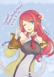  blazblue blue_eyes flower gloves happy_birthday long_hair necktie open_mouth red_hair redhead smile tsubaki_yayoi white_gloves wink yamo 