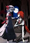  broken_sword formal full_moon hand_on_another's_face hibino_nozomu hong_meiling kneeling long_hair moon necktie ponytail red_hair redhead remilia_scarlet romio suit sword touhou weapon wrist_cuffs 