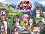  akemi_homura animal_on_head apple black_hair blush braid cat cat_on_head chalice cheese cup facial_hair fan fish food fruit glasses grapes hair_ribbon hairband head_scarf heart hohetomaru kaname_madoka kyubey long_hair mahou_shoujo_madoka_magica mountain mug multiple_girls multiple_persona mustache open_mouth paper_fan pear pink_hair purple_eyes red-framed_glasses ribbon sheep smile staff twin_braids violet_eyes wink 