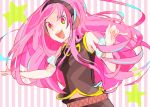  :d bad_hands cemucemu headphones long_hair megurine_luka multicolored_eyes open_mouth pink_hair smile solo vocaloid 