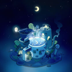  absurdres ashiyu cafe capybara chalkboard_sign coffee coffee_beans crescent_moon drink food fruit hat highres holding holding_drink mandarin_orange moon night original pushcart rubber_duck star_(sky) tsukimi tti_design 