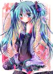  :&lt; ahoge bare_shoulders blue_eyes blue_hair blush detached_sleeves hand_on_own_chest hatsune_miku heart highres long_hair potten sitting skirt sleeves_past_wrists solo star thigh-highs thighhighs twintails vocaloid wariza 