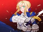  1024x768 ahoge armor armored_dress blonde_hair dress excalibur fate/stay_night fate_(series) gauntlets green_eyes hair_ribbon nito_(siccarol) puffy_sleeves ribbon saber solo sword wallpaper weapon 