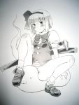  :3 hair_ribbon hairband hitodama konpaku_youmu konpaku_youmu_(ghost) mochisuke_teru monochrome no_pants panties ribbon short_hair sitting solo striped striped_panties touhou underwear 