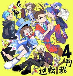  +_+ 3girls 4boys :d absurdres ace_attorney apollo_justice apollo_justice:_ace_attorney black_dress black_hair black_pants black_sandals black_shoes blonde_hair blue_cape blue_eyes blue_hair blue_hat bracelet brown_eyes brown_hair cape card chain_belt collared_shirt commentary confetti copyright_name crossed_legs dark-skinned_male dark_skin dress earrings ema_skye eyewear_on_head facial_hair gloves green_necktie grey_hoodie half_updo hat hat_tip highres hood hood_down hoodie jacket jewelry karintou klavier_gavin leg_up lion_wa_neteiru long_hair long_sleeves looking_at_viewer multiple_boys multiple_girls multiple_rings necklace necktie open_clothes open_jacket open_mouth overalls pants phoenix_wright pink-tinted_eyewear playing_card purple_jacket red_vest ring sandals shirt shoes short_hair sidelocks simple_background sleeves_rolled_up smile spark_brushel stubble sunglasses tinted_eyewear toothbrush top_hat trucy_wright vera_misham vest white-framed_eyewear white_gloves white_shirt wing_collar yellow_background 