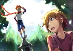  artist_name blonde_hair blue_eyes chinese danshi_koukousei_no_nichijou dated footwear linjie multiple_boys open_mouth pants red_hair redhead rubber_shooter scarf short_hair signature socks tabata_hidenori tanaka_yoshitake tears young 