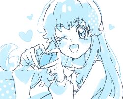  1girl 4-finger_heart_hands ;d blue_hair blush commentary happinesscharge_precure! heart heart_hands highres long_hair long_sleeves looking_at_viewer one_eye_closed open_mouth polka_dot precure shirayuki_hime shirt simple_background smile thick_eyebrows white_background white_shirt yufu_kyouko 