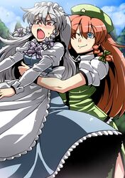  adapted_costume alternate_costume alternate_hair_length alternate_hairstyle beret blue_eyes blush braid dress hat highres hong_meiling izayoi_sakuya lifting long_hair maid maid_headdress multiple_girls open_mouth red_eyes red_hair redhead silver_hair smile the_embodiment_of_scarlet_devil touhou tsuki_wani twin_braids wink young 