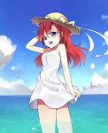  :d ano_natsu_de_matteru blue_eyes bow cloud feet_in_water glasses hand_on_hat hat hat_bow hat_ribbon highres long_hair looking_back ocean open_mouth partially_submerged red_hair redhead ribbon sky smile snowflyer soaking_feet solo takatsuki_ichika wading water wind_lift 