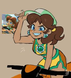  1girl adjusting_clothes adjusting_headwear audieaudieaudie blue_eyes brown_hair dolphin_shorts earrings flower_earrings hat highres jet_ski jewelry mario_kart mario_kart_world navel official_alternate_costume orange_shorts orange_sports_bra princess_daisy princess_daisy_(swimwear)_(mario_kart_world) reference_inset short_shorts shorts solo sports_bra super_mario_bros. watercraft white_hat 