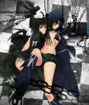  aconitea bdsm bikini_top black_hair black_rock_shooter black_rock_shooter_(character) blue_eyes bondage boots chain chains checkered coat dead_master green_eyes highres hood horns long_hair lying multiple_girls shorts wings yuri 