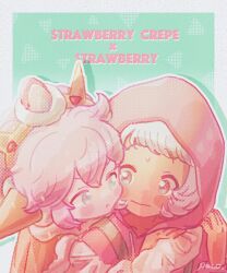  1girl 1other androgynous blue_eyes cape cookie_run cookie_run:_kingdom food fruit fur-trimmed_cape fur_trim highres hood hood_up hoodie humanization ishrkut looking_at_viewer open_mouth pink_hair pink_hoodie short_hair simple_background smile strawberry strawberry_cookie strawberry_crepe_cookie white_hair 