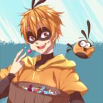  1boy ahoge angry_birds bird brown_eyes candy eating gijinka hoodie humanization lowres male mask orange_bird_(angry_birds) orange_hair personification rovio runosuke solo 