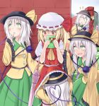  4girls :d :o ascot blonde_hair blush clone closed_eyes commentary covering covering_face eyes_closed fang finger_to_mouth flandre_scarlet four_of_a_kind_(touhou) gift green_eyes hands_together hat hat_ribbon head_under_dress heart heart_of_string hong_meiling komeiji_koishi long_hair long_sleeves looking_away looking_up multiple_girls open_mouth patchouli_knowledge pointy_ears poking purple_hair red_eyes red_hair redhead ribbon short_hair silver_hair skirt sleeves_past_wrists smile suzushiro_yukari third_eye touhou umbrella under_clothes under_dress under_skirt wide_sleeves wings yuri 