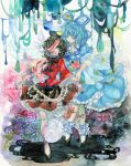  black_hair blood blood_in_mouth blue_dress blue_eyes blue_hair bow closed_eyes dress eyes_closed flower hair_rings hair_stick hat hitodama jiangshi kaku_seiga miyako_yoshika multiple_girls ofuda open_mouth rose skirt smile touhou traditional_media tugumi0w0 watercolor_(medium) 