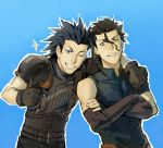  ahoge artist_request black_hair blue_background blue_eyes crossed_arms crossover fate/zero fate_(series) final_fantasy final_fantasy_vii gloves lancer_(fate/zero) look-alike male multiple_boys simple_background sparkle thumbs_up wink yellow_eyes zack_fair 