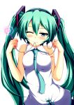  absurdres aqua_eyes aqua_hair bare_shoulders hatsune_miku heart highres looking_at_viewer mouth_hold necktie nekur simple_background smile solo vocaloid vocaloid_(lat-type_ver) wink 