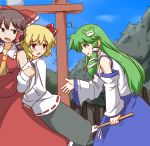  ? arm_hug ascot blonde_hair blue_sky blush bow brown_eyes brown_hair detached_sleeves flying_sweatdrops forest frog_hair_ornament gohei green_eyes green_hair hair_bow hair_ornament hair_ribbon hair_tubes hakurei_reimu hihachi kochiya_sanae locked_arms long_hair multiple_girls nature open_mouth outstretched_hand red_eyes ribbon rumia shirt short_hair skirt skirt_set sky smile snake torii touhou youkai 