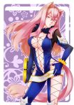  belt bodysuit book breasts cleavage eiou_(cook-look) glasses gloves hair_intakes hand_on_hip hips long_hair pink_eyes pink_hair preza purple_background solo tail tales_of_(series) tales_of_xillia 