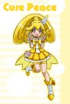  :d bike_shorts blonde_hair boots bowtie brooch character_name choker cure_peace double_v dress hair_ornament hairpin happy jewelry kise_yayoi long_hair magical_girl nanjou_akimasa open_mouth precure shorts_under_skirt skirt smile smile_precure! solo standing_on_one_leg v white_background yellow yellow_dress yellow_eyes 
