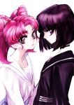  bangs bishoujo_senshi_sailor_moon black_hair chibi_usa child choker collarbone double_bun looking_at_viewer multiple_girls pink_eyes pink_hair profile purple_eyes school_uniform serafuku short_hair simple_background tima tomoe_hotaru turtleneck violet_eyes white_background yuri 