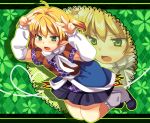  annoyed argyle argyle_background arm_warmers arms_up bad_id blonde_hair blush double_v fang green_eyes letterboxed matatabi_maru mizuhashi_parsee open_mouth ponytail scarf shirt short_hair skirt solo touhou v zoom_layer 