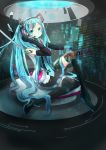  aqua_eyes aqua_hair boots chibiibiru elbow_gloves gloves hand_on_headphones hatsune_miku headphones headset highres long_hair necktie sitting skirt solo thigh-highs thigh_boots thighhighs twintails very_long_hair vocaloid 