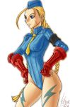  ahoge armband blonde_hair blue_eyes braid breasts cammy_white camouflage capcom fingerless_gloves garrison_cap gloves hands_on_hips hat highres kofire kote leotard long_hair necktie scar solo street_fighter street_fighter_zero turtleneck twin_braids 